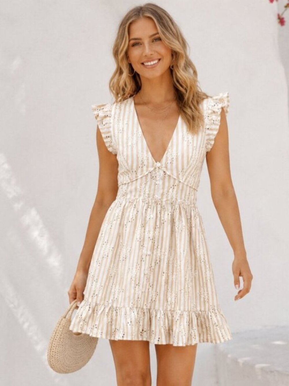 Lulus Eyelet Mini Dress Cream Stripe Ruffle V Neck Summer XS